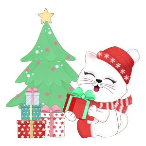 Fensterbild Weihnachten - Katze mit Geschenken